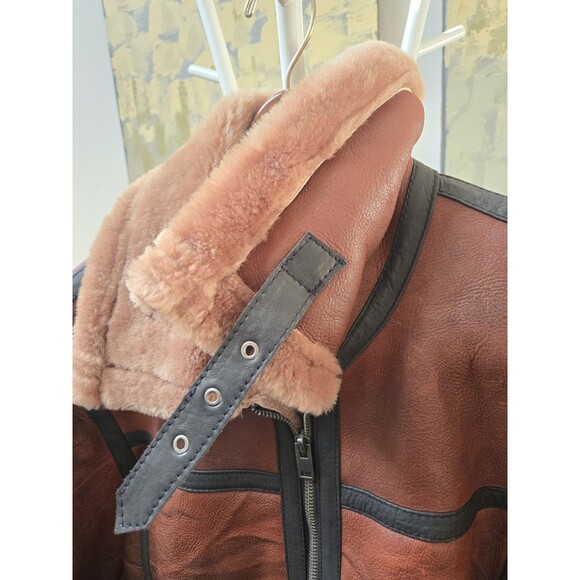 Women Sz XL Bomber Brown Aviator Flying Shearling Fur Real Leather Jacket Coat - Picture 5 of 16